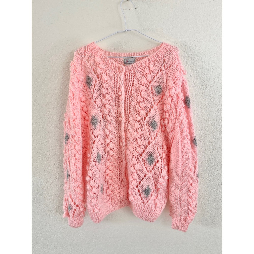 Windcrest Cardigan Sweater Acrylic Hand Knit Pink Diamond Popcorn Vintage Large